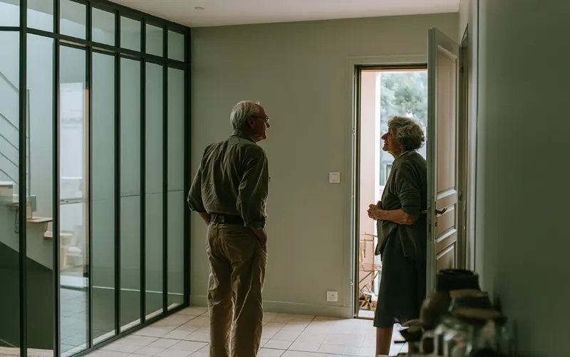 Deux voisins discutent sur le pas d'une porte, dans un immeuble récent