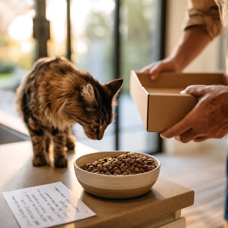 Chat tabby devant une gamelle remplie par un voisin, consignes manuscrites à côté, lumière d'été