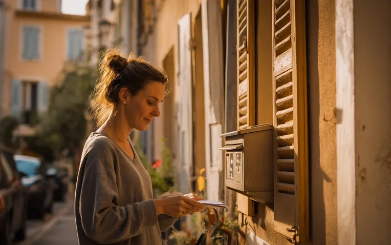Une voisine relève le courrier devant une boîte aux lettres, volets ocre sur façade française, lumière d'été