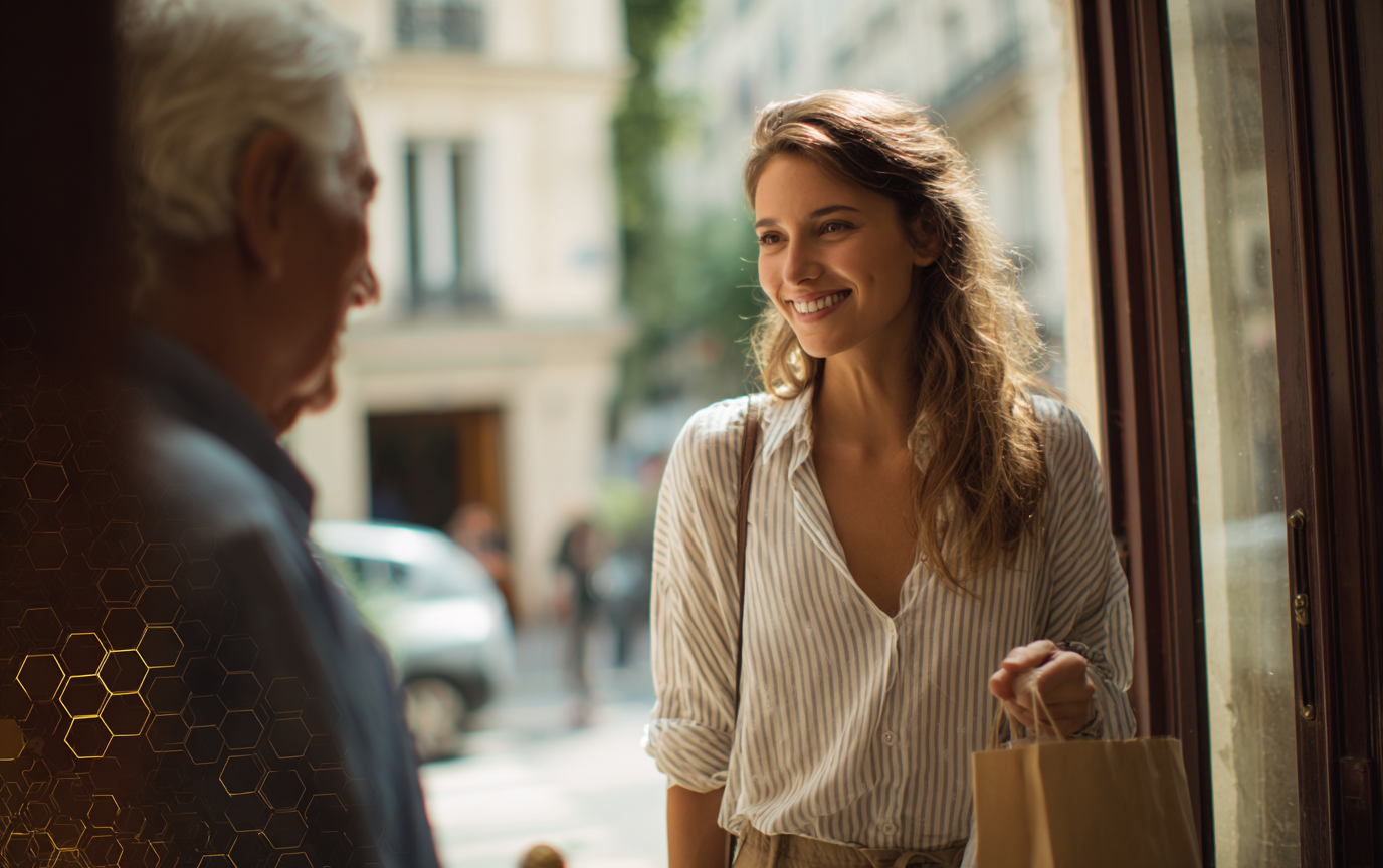 Une voisine tend un sac de courses à un homme âgé sur le pas de sa porte, échange chaleureux