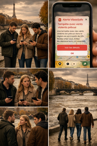 Groupe de personnes près de la Seine à Paris consultant une alerte BeeSafe sur leur téléphone puis rebroussant chemin.