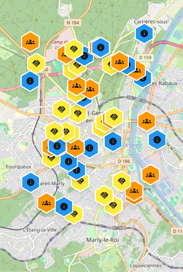 Carte Neerbee avec vibees géolocalisés sous forme d'hexagones colorés dans le quartier : offres et demandes d'aide entre voisins.