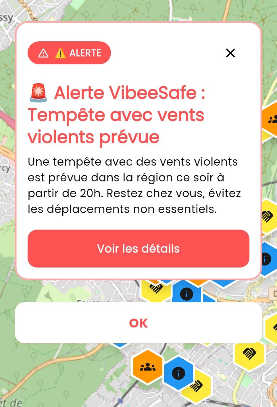 Capture d’écran de l’application Neerbee affichant une alerte VibeeSafe pour une tempête avec vents violents